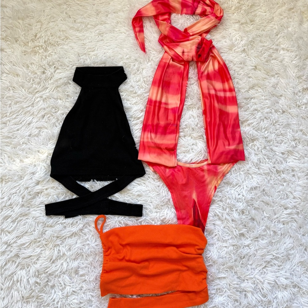 SHEIN Black, Pink, and Orange Bodysuit Set
